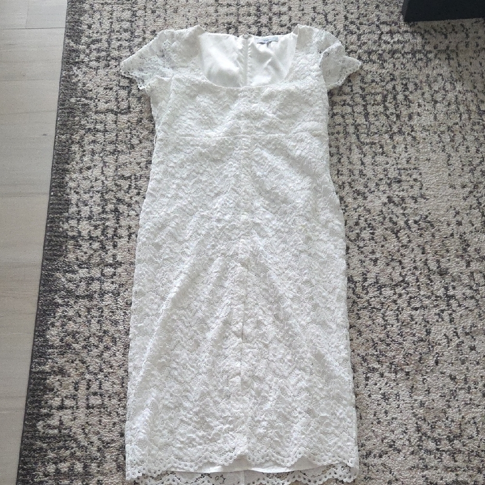 Likely White Lace Cap-Sleeve Midi Sheath Dress